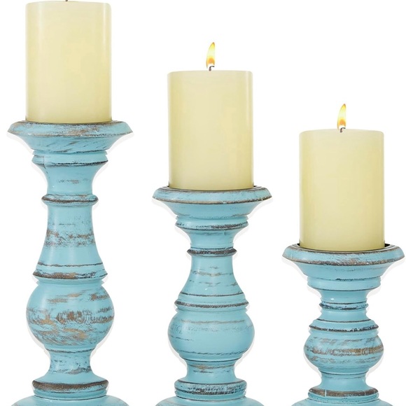 NIB - Set of 3- 6”, 8”, & 10” Tall Wood Rustic Pillar Candle Holders, Light Blue - Picture 6 of 8